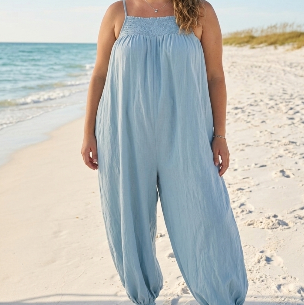 Free People Blue Cotton/Linen Beach Romper/Jumpsuit - LG/XL/2X (oversized)
